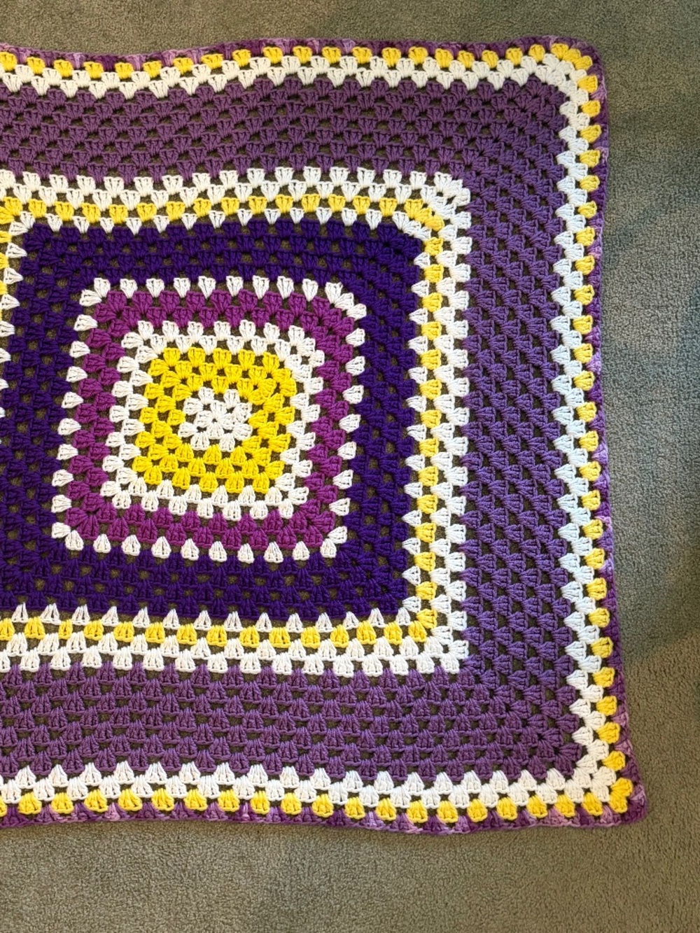 Granny Square handma crochet blanket 42" x 42" vintage EUC purple yellow cottage